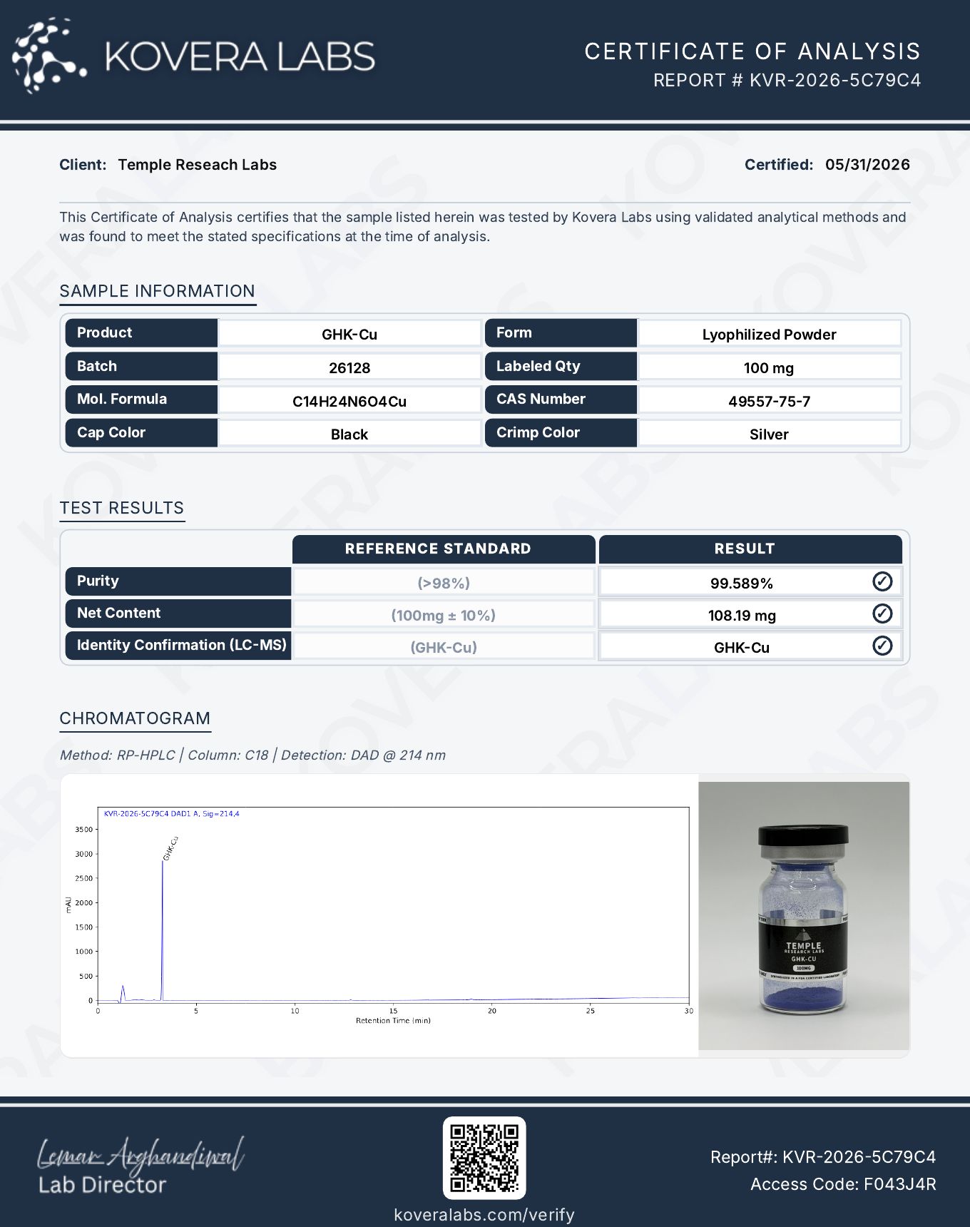 Kovera Labs certificate of analysis for GHK-Cu, batch 26128