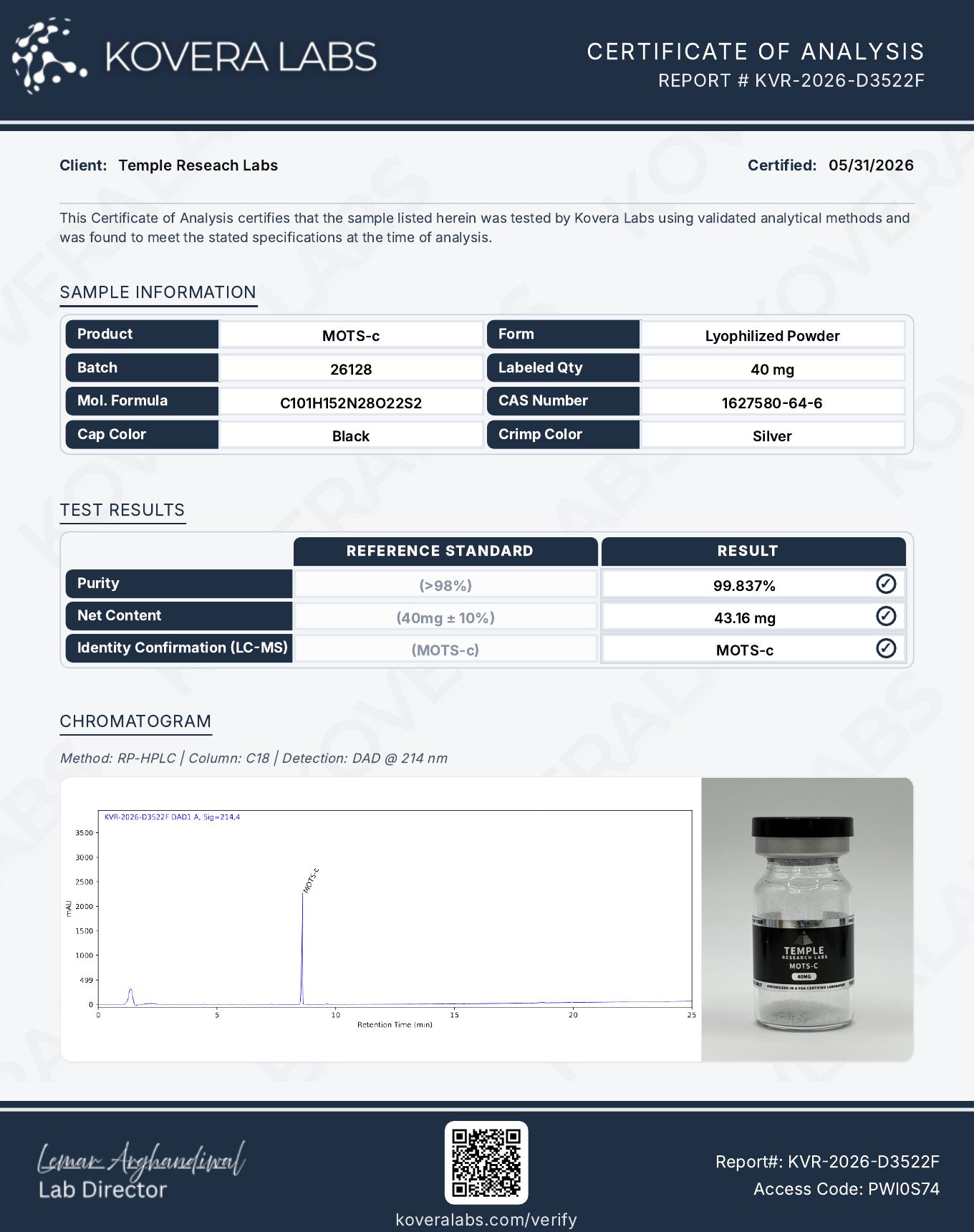 Kovera Labs certificate of analysis for MOTS-c, batch 26128