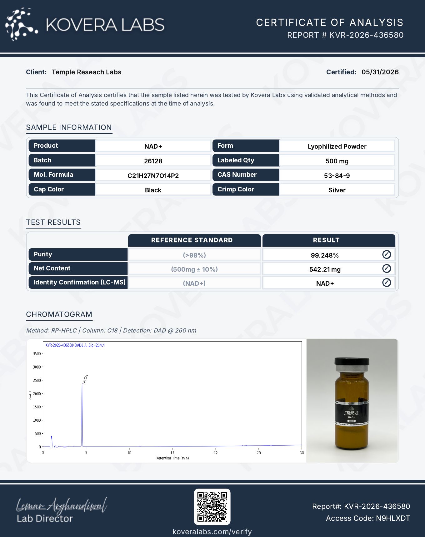 Kovera Labs certificate of analysis for NAD+, batch 26128